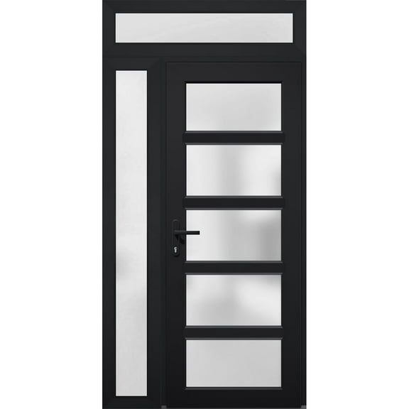 Front Exterior Prehung Metal-Plastic Door Frosted Glass / Manux 8002 Matte Black / Side and Top Window / Office Commercial and Residential Doors Entrance Patio Garage 50" x 94" Right-hand Inswing