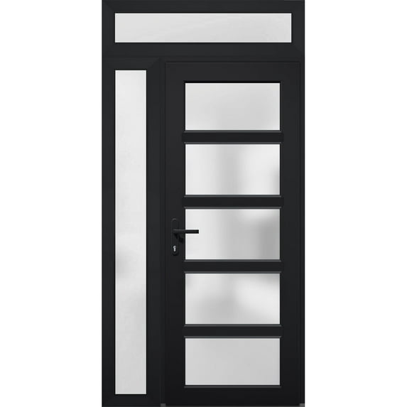 Front Exterior Prehung Metal-Plastic Door Frosted Glass / Manux 8002 Matte Black / Side and Top Window / Office Commercial and Residential Doors Entrance Patio Garage 50" x 96" Right-hand Inswing