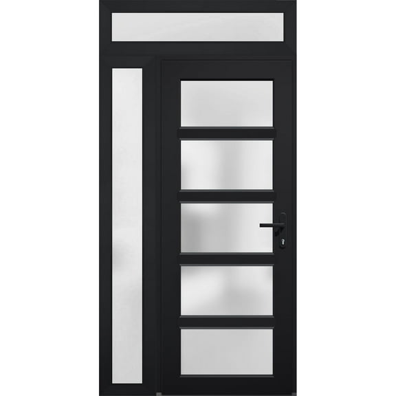 Front Exterior Prehung Metal-Plastic Door Frosted Glass / Manux 8002 Matte Black / Side and Top Window / Office Commercial and Residential Doors Entrance Patio Garage 50" x 96" Left-hand Inswing