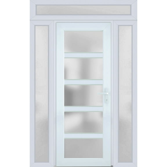 Front Exterior Prehung Metal-Plastic Door Frosted Glass / Manux 8002 White Silk / 2 Side and Top Window / Office Commercial and Residential Doors Entrance Patio Garage 64" x 94" Left-hand Inswing