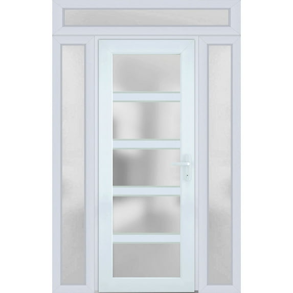 Front Exterior Prehung Metal-Plastic Door Frosted Glass / Manux 8002 White Silk / 2 Side and Top Window / Office Commercial and Residential Doors Entrance Patio Garage 64" x 94" Left-hand Inswing