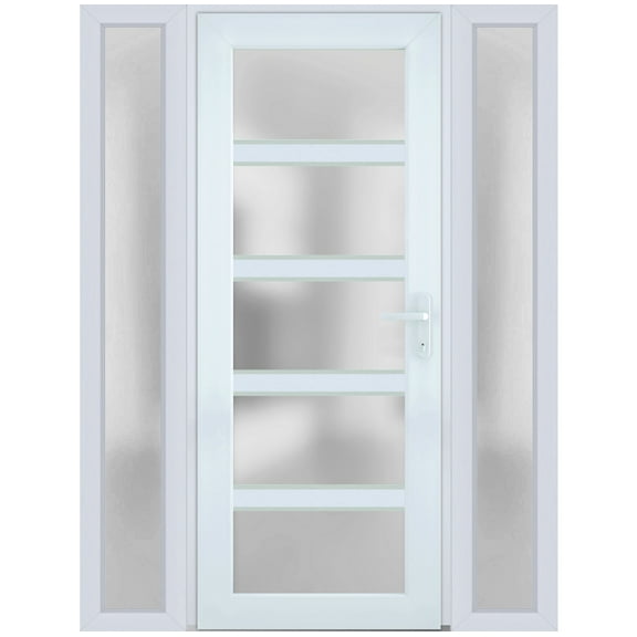 Front Exterior Prehung Metal-Plastic Door Frosted Glass / Manux 8002 White Silk / 2 Side Windows / Office Commercial and Residential Doors Entrance Patio Garage 64" x 80" Left-hand Inswing
