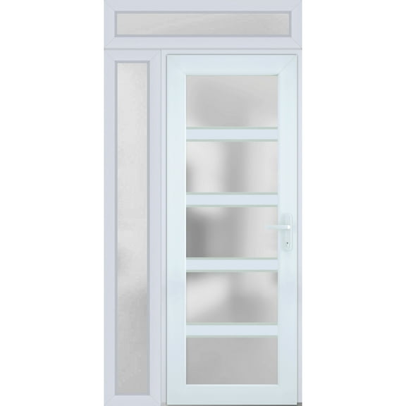 Front Exterior Prehung Metal-Plastic Door Frosted Glass / Manux 8002 White Silk / Side and Top Window / Office Commercial and Residential Doors Entrance Patio Garage 48" x 96" Left-hand Inswing
