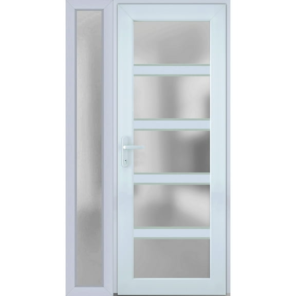 Front Exterior Prehung Metal-Plastic Door Frosted Glass / Manux 8002 White Silk / Side Window / Office Commercial and Residential Doors Entrance Patio Garage 48" x 80" Right-hand Inswing