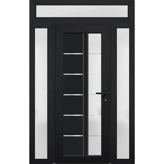 Front Exterior Prehung Metal-Plastic Door Frosted Glass / Manux 8088 Matte Black / 2 Side and Top Window / Office Commercial and Residential Doors Entrance Patio Garage 64" x 96" Left-hand Inswing