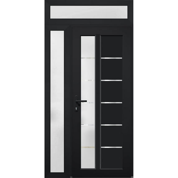 Front Exterior Prehung Metal-Plastic Door Frosted Glass / Manux 8088 Matte Black / Side and Top Window / Office Commercial and Residential Doors Entrance Patio Garage 50" x 96" Right-hand Inswing