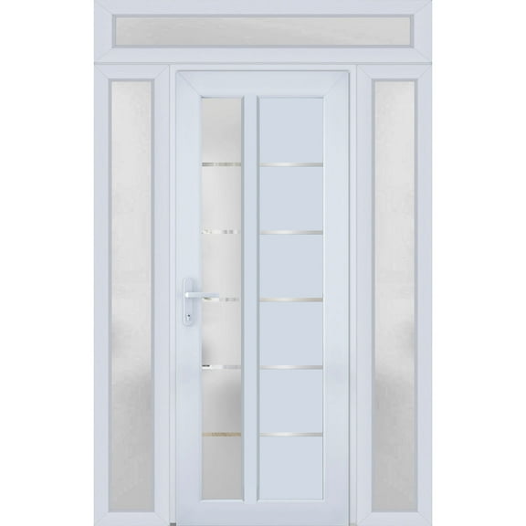 Front Exterior Prehung Metal-Plastic Door Frosted Glass / Manux 8088 White Silk / 2 Side and Top Window / Office Commercial and Residential Doors Entrance Patio Garage 64" x 96" Right-hand Inswing
