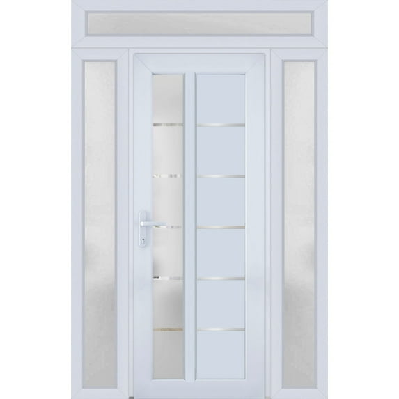 Front Exterior Prehung Metal-Plastic Door Frosted Glass / Manux 8088 White Silk / 2 Side and Top Window / Office Commercial and Residential Doors Entrance Patio Garage 64" x 94" Right-hand Inswing