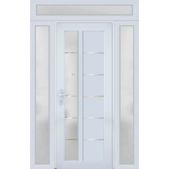 Front Exterior Prehung Metal-Plastic Door Frosted Glass / Manux 8088 White Silk / 2 Side and Top Window / Office Commercial and Residential Doors Entrance Patio Garage 68" x 94" Right-hand Inswing