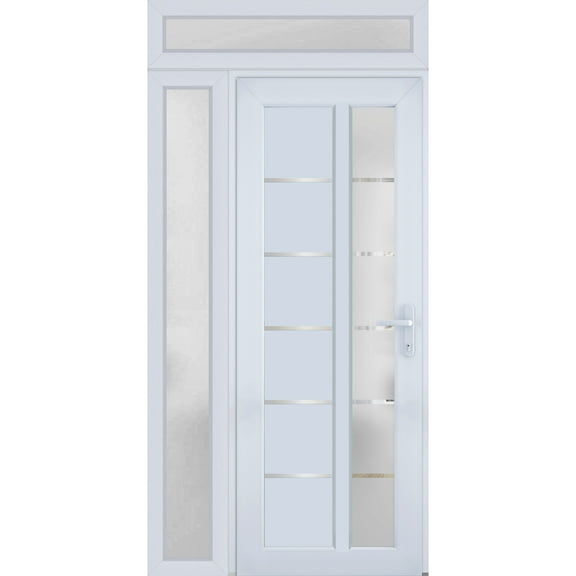 Front Exterior Prehung Metal-Plastic Door Frosted Glass / Manux 8088 White Silk / Side and Top Window / Office Commercial and Residential Doors Entrance Patio Garage 50" x 96" Left-hand Inswing