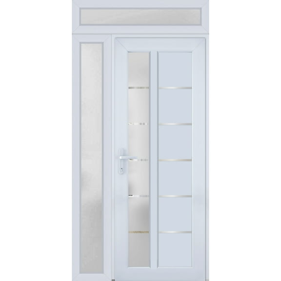 Front Exterior Prehung Metal-Plastic Door Frosted Glass / Manux 8088 White Silk / Side and Top Window / Office Commercial and Residential Doors Entrance Patio Garage 52" x 96" Right-hand Inswing