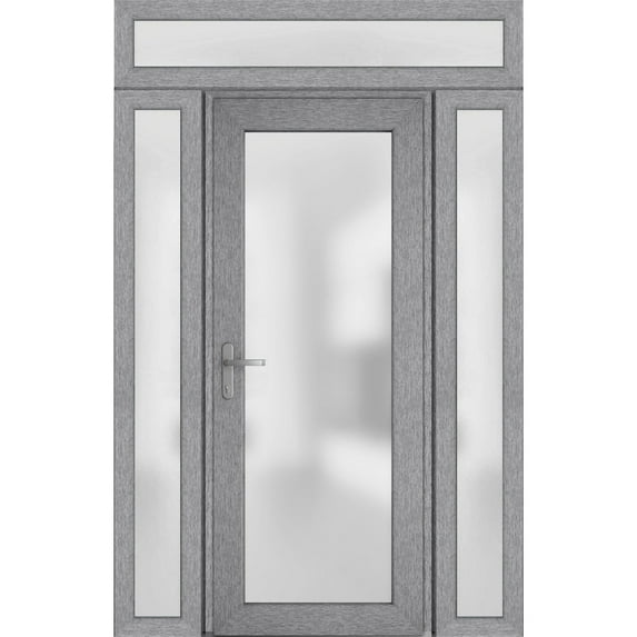 Front Exterior Prehung Metal-Plastic Door Frosted Glass / Manux 8102 Grey Ash / 2 Side and Top Window / Office Commercial and Residential Doors Entrance Patio Garage 60" x 94" Right-hand Inswing