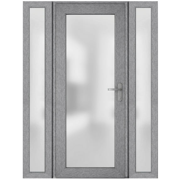 Front Exterior Prehung Metal-Plastic Door Frosted Glass / Manux 8102 Grey Ash / 2 Side Windows / Office Commercial and Residential Doors Entrance Patio Garage 62" x 80" Left-hand Inswing
