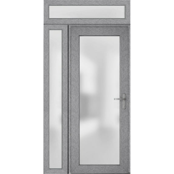 Front Exterior Prehung Metal-Plastic Door Frosted Glass / Manux 8102 Grey Ash / Side and Top Window / Office Commercial and Residential Doors Entrance Patio Garage 50" x 94" Left-hand Inswing