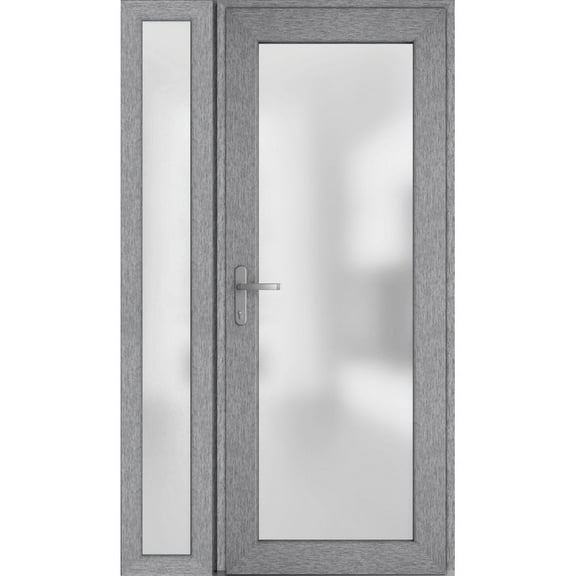 Front Exterior Prehung Metal-Plastic Door Frosted Glass / Manux 8102 Grey Ash / Side Window / Office Commercial and Residential Doors Entrance Patio Garage 46" x 80" Right-hand Inswing