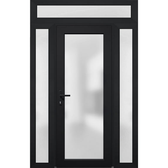 Front Exterior Prehung Metal-Plastic Door Frosted Glass / Manux 8102 Matte Black / 2 Side and Top Window / Office Commercial and Residential Doors Entrance Patio Garage 62" x 96" Right-hand Inswing