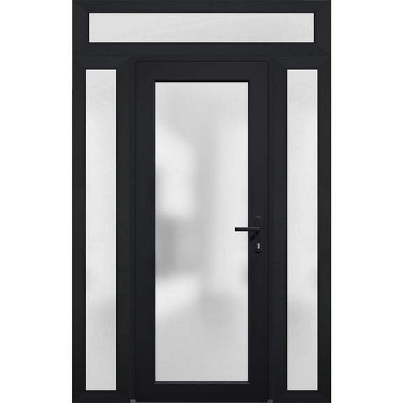 Front Exterior Prehung Metal-Plastic Door Frosted Glass / Manux 8102 Matte Black / 2 Side and Top Window / Office Commercial and Residential Doors Entrance Patio Garage 54" x 94" Left-hand Inswing