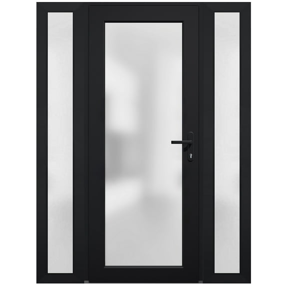 Front Exterior Prehung Metal-Plastic Door Frosted Glass / Manux 8102 Matte Black / 2 Side Windows / Office Commercial and Residential Doors Entrance Patio Garage 54" x 80" Left-hand Inswing