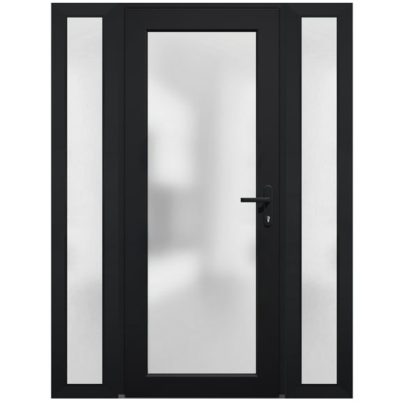 Front Exterior Prehung Metal-Plastic Door Frosted Glass / Manux 8102 Matte Black / 2 Side Windows / Office Commercial and Residential Doors Entrance Patio Garage 60" x 80" Left-hand Inswing