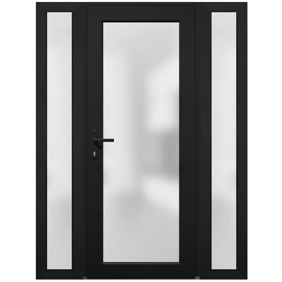 Front Exterior Prehung Metal-Plastic Door Frosted Glass / Manux 8102 Matte Black / 2 Side Windows / Office Commercial and Residential Doors Entrance Patio Garage 68" x 80" Right-hand Inswing