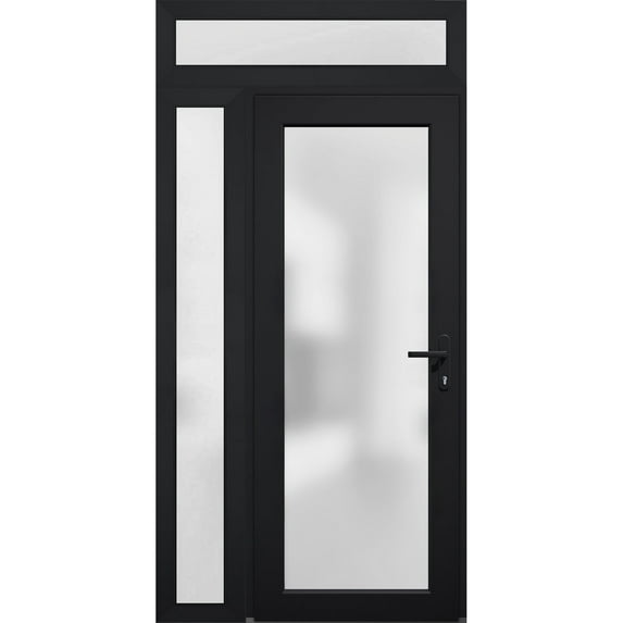 Front Exterior Prehung Metal-Plastic Door Frosted Glass / Manux 8102 Matte Black / Side and Top Window / Office Commercial and Residential Doors Entrance Patio Garage 48" x 96" Left-hand Inswing