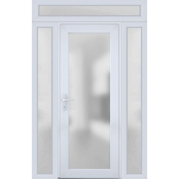 Front Exterior Prehung Metal-Plastic Door Frosted Glass / Manux 8102 White Silk / 2 Side and Top Window / Office Commercial and Residential Doors Entrance Patio Garage 64" x 96" Right-hand Inswing
