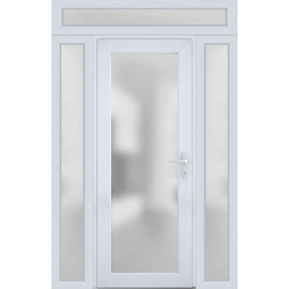 Front Exterior Prehung Metal-Plastic Door Frosted Glass / Manux 8102 White Silk / 2 Side and Top Window / Office Commercial and Residential Doors Entrance Patio Garage 54" x 94" Left-hand Inswing