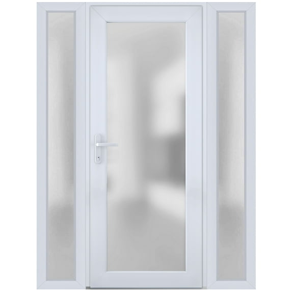 Front Exterior Prehung Metal-Plastic Door Frosted Glass / Manux 8102 White Silk / 2 Side Windows / Office Commercial and Residential Doors Entrance Patio Garage 62" x 80" Right-hand Inswing