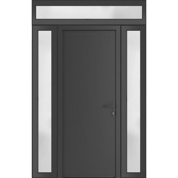 Front Exterior Prehung Metal-Plastic Door Frosted Glass | Manux 8111 Antracite Grey | 2 Side and Top Sidelite Transom | Office Commercial and Residential Doors Patio 64x94 W14+36+14x80+14 Left-hand