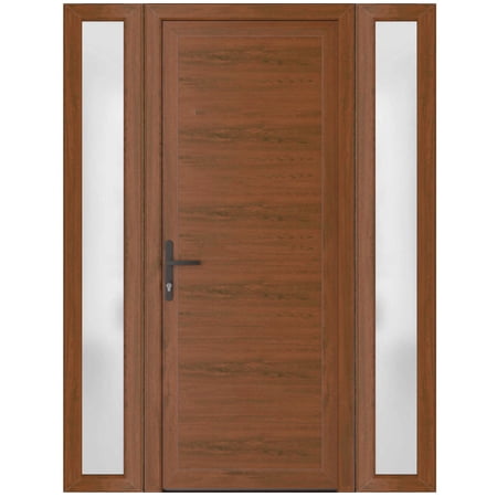 Front Exterior Prehung uPVC Metal-Plastic Door Frosted Glass Manux 8111 Walnut 2 Side Sidelite Transoms Entrance Patio Garage 64" x 80" (W14+36+14" x H80") 2.75" Thick 1 Piece Right hand Inswing
