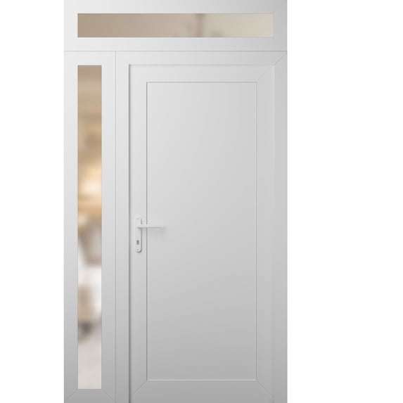 Front Exterior Prehung Metal-Plastic Door Frosted Glass | Manux 8111 White Silk | Side and Top Sidelite Transom | Office Commercial and Residential Doors Patio Garage 52x94 (W36+16x80+14) Right-hand