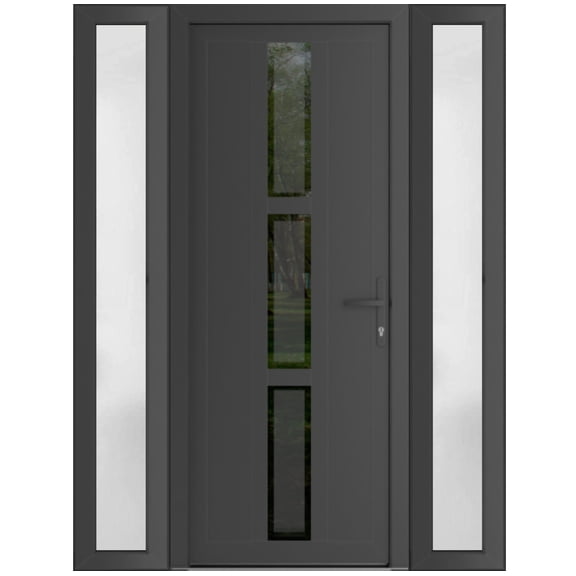 Front Exterior Prehung Metal-Plastic Door Frosted Glass | Manux 8112 Antracite Grey | 2 Side Sidelite Transoms | Office Commercial and Residential Doors Patio Garage Left-hand | Sample of Door Color