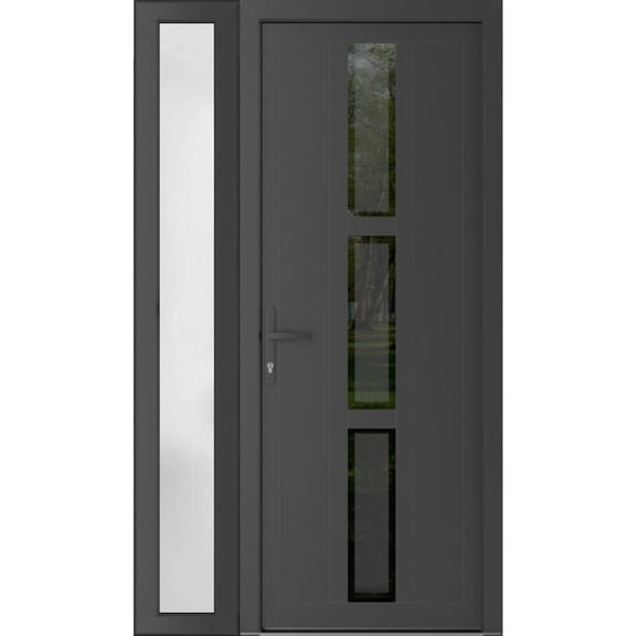 Front Exterior Prehung uPVC Door Mirrored-clear glass | Manux 8112 Antracite Grey | Side Sidelite Transom | Office Commercial and Residential Doors Patio Garage 52x80 (W36+16x80) Right-hand