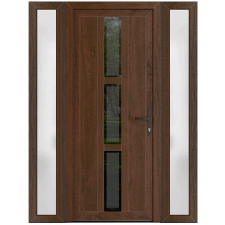 Front Exterior Prehung Metal-Plastic Door Frosted Glass | Manux 8112 Walnut | 2 Side Sidelite Transoms | Office Commercial and Residential Doors Entrance Patio Garage 64x80 (W14+36+14x80) Left-hand
