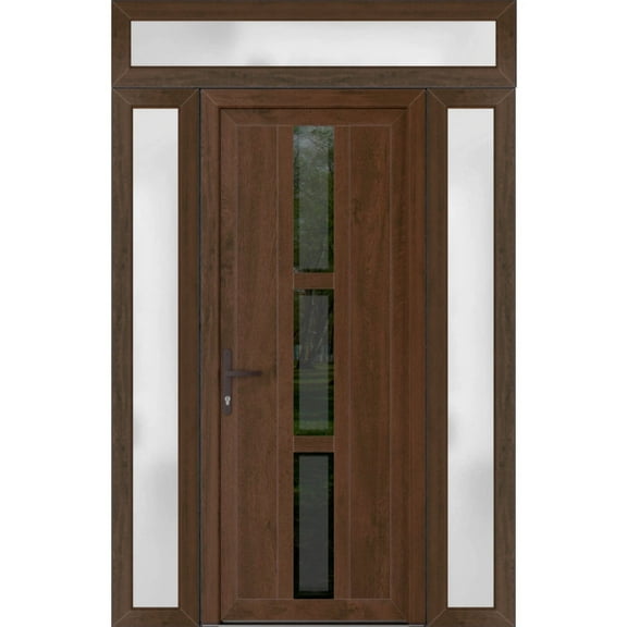 Front Exterior Prehung Metal-Plastic Door Frosted Glass | Manux 8112 Walnut | 2 Side and Top Sidelite Transom | Office Commercial and Residential Doors Patio 60x94 (W12+36+12x80+14) Right-hand