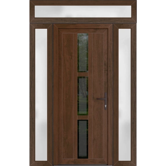 Front Exterior Prehung Metal-Plastic Door Frosted Glass | Manux 8112 Walnut | 2 Side and Top Sidelite Transom | Office Commercial and Residential Doors Patio Garage 64x94 (W14+36+14x80+14) Left-hand