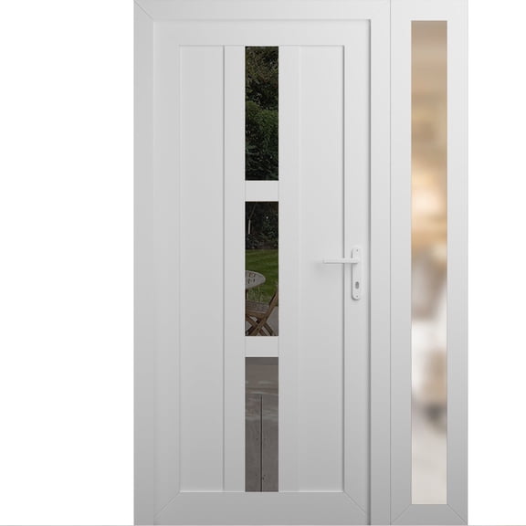 Front Exterior Prehung Metal-Plastic Door Frosted Glass | Manux 8112 White Silk | Side Sidelite Transom | Office Commercial and Residential Doors Entrance Patio Garage 52 x 80 (W36+16x80) Left-hand