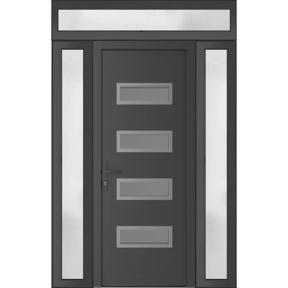 Front Exterior Prehung Metal-Plastic Door Frosted Glass | Manux 8113 Antracite Grey | 2 Side and Top Sidelite Transom | Office Commercial and Residential Doors Patio 68x94 W16+36+16x80+14 Right-hand
