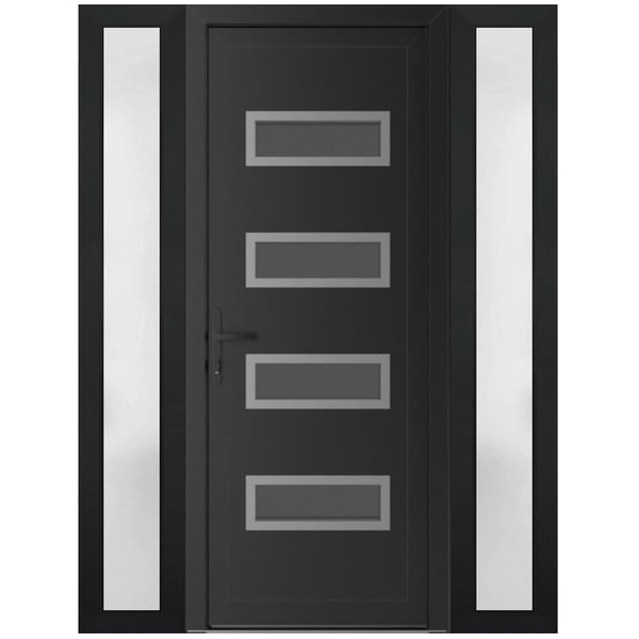 Front Exterior Prehung Metal-Plastic Door Frosted Glass | Manux 8113 Matte Black | 2 Side Sidelite Transoms | Office Commercial and Residential Doors Patio Garage 60x80 (W14+32+14x80) Right-hand