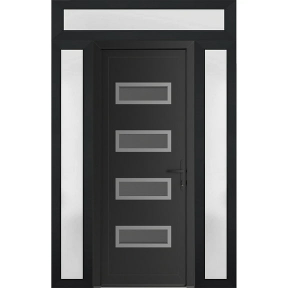 Front Exterior Prehung Metal-Plastic Door Frosted Glass | Manux 8113 Matte Black | 2 Side and Top Sidelite Transom | Office Commercial and Residential Doors Patio 64x94 (W14+36+14x80+14) Left-hand