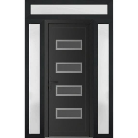 Front Exterior Prehung Metal-Plastic Door Frosted Glass | Manux 8113 Matte Black | 2 Side and Top Sidelite Transom | Office Commercial and Residential Doors Patio 64x94 (W14+36+14x80+14) Right-hand