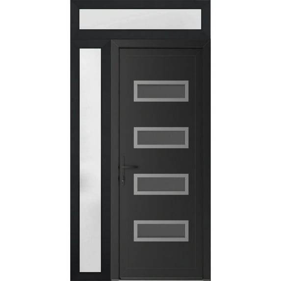 Front Exterior Prehung Metal-Plastic Door Frosted Glass | Manux 8113 Matte Black | Side and Top Sidelite Transom | Office Commercial and Residential Doors Patio 46x94 (W32+14x80+14) Right-hand