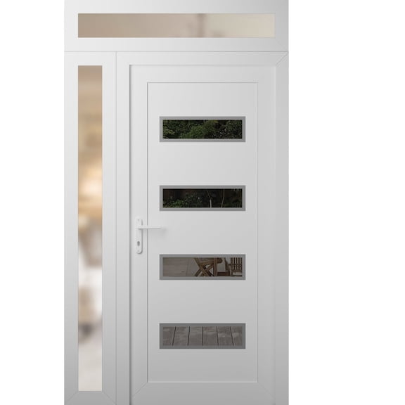 Front Exterior Prehung Metal-Plastic Door Frosted Glass | Manux 8113 White Silk | Side and Top Sidelite Transom | Office Commercial and Residential Doors Patio Garage 52x94 (W36+16x80+14) Right-hand