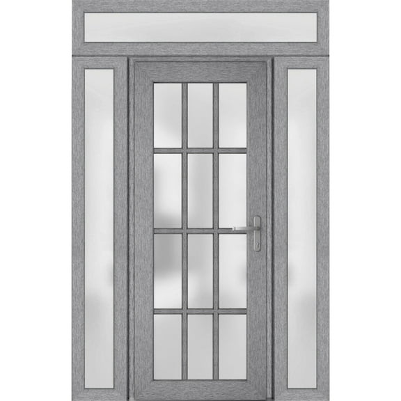 Front Exterior Prehung Metal-Plastic Door Frosted Glass / Manux 8312 Grey Ash / 2 Side and Top Window / Office Commercial and Residential Doors Entrance Patio Garage 64" x 96" Left-hand Inswing