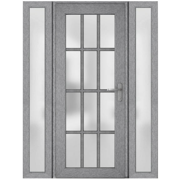 Front Exterior Prehung Metal-Plastic Door Frosted Glass / Manux 8312 Grey Ash / 2 Side Windows / Office Commercial and Residential Doors Entrance Patio Garage 64" x 80" Left-hand Inswing