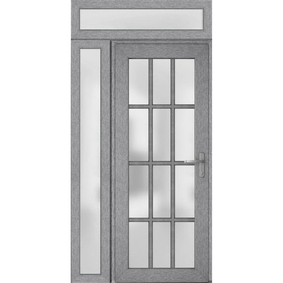Front Exterior Prehung Metal-Plastic Door Frosted Glass / Manux 8312 Grey Ash / Side and Top Window / Office Commercial and Residential Doors Entrance Patio Garage 48" x 94" Left-hand Inswing