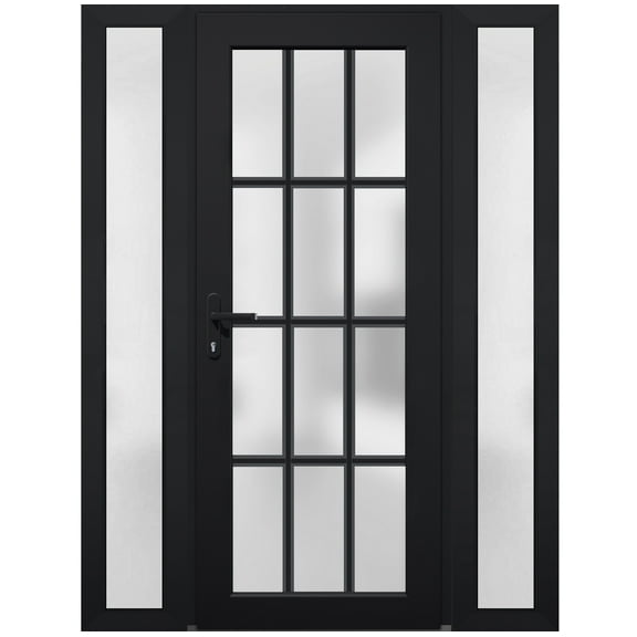 Front Exterior Prehung Metal-Plastic Door Frosted Glass / Manux 8312 Matte Black / 2 Side Windows / Office Commercial and Residential Doors Entrance Patio Garage 60" x 80" Right-hand Inswing