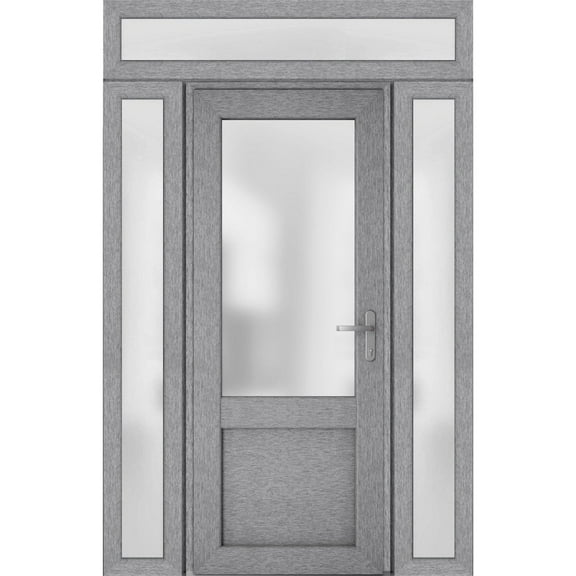 Front Exterior Prehung Metal-Plastic Door Frosted Glass / Manux 8422 Grey Ash / 2 Side and Top Window / Office Commercial and Residential Doors Entrance Patio Garage 60" x 94" Left-hand Inswing