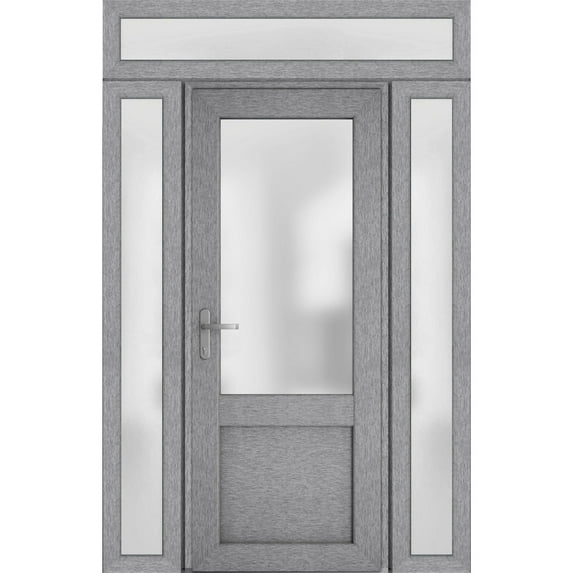 Front Exterior Prehung Metal-Plastic Door Frosted Glass / Manux 8422 Grey Ash / 2 Side and Top Window / Office Commercial and Residential Doors Entrance Patio Garage 64" x 96" Right-hand Inswing