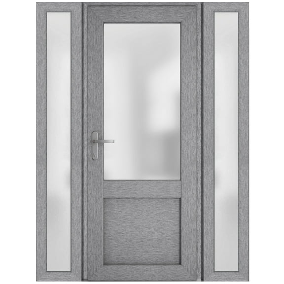 Front Exterior Prehung Metal-Plastic Door Frosted Glass / Manux 8422 Grey Ash / 2 Side Windows / Office Commercial and Residential Doors Entrance Patio Garage 64" x 80" Right-hand Inswing